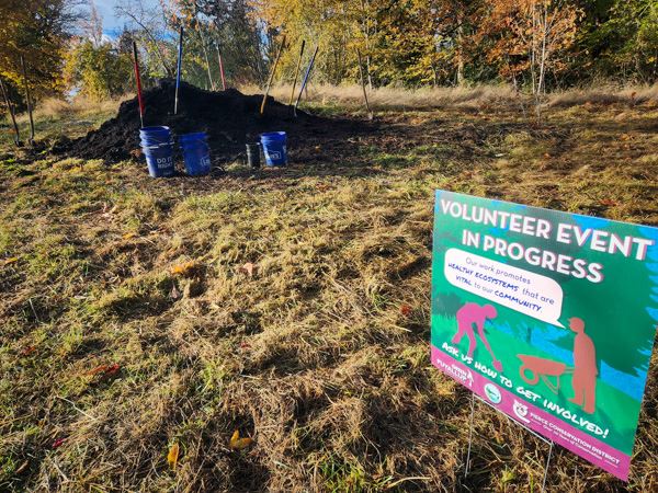 Mulch pile at Deadman’s Pond. Mulching newly planted plants keeps the soil moist & aids plant growth