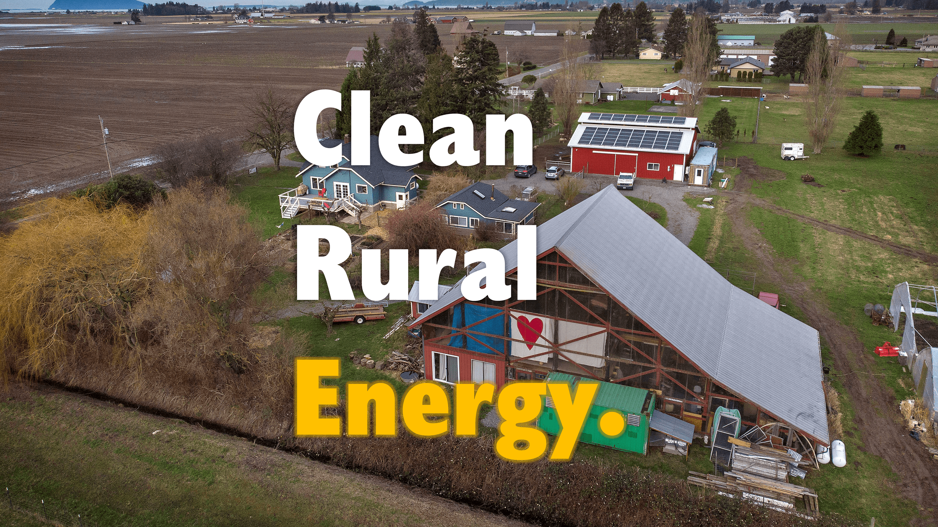 A drone image of a farm with solar panels in the Skagit Valley