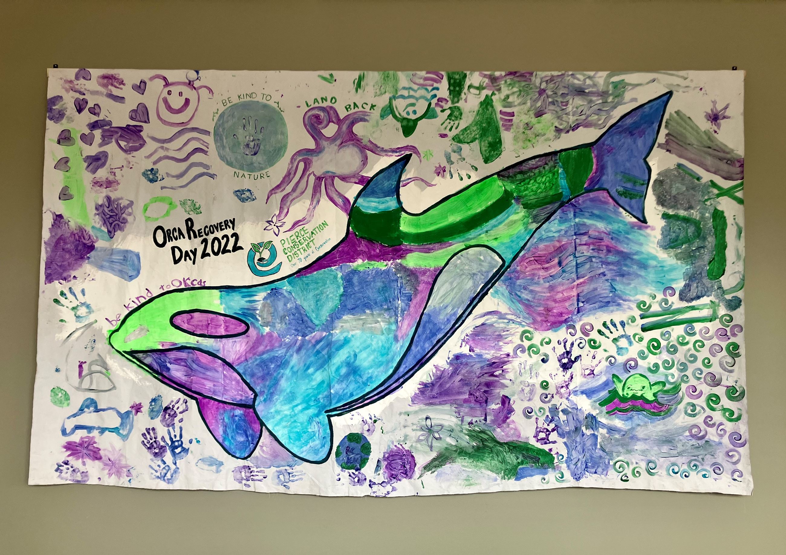 The colorful Orca Recovery Day banner is now displayed in our office in honor of Orca Month in June!