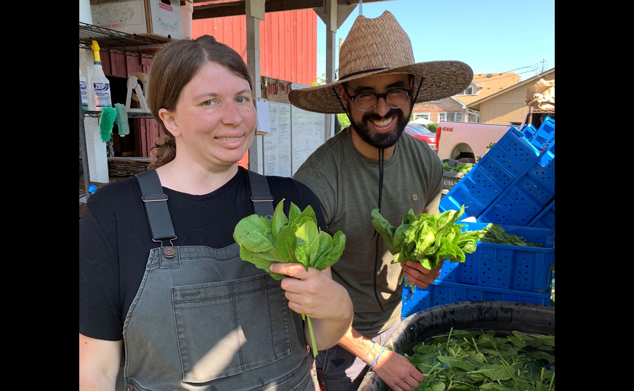 Two volunteers posing with freshly washed leafy green harvest, prepping for food bank donation.