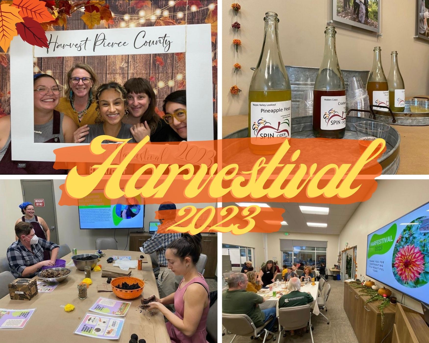 A photo collage of the Harvestival night. Photo one is a group photo of the harvest team, Photo two 