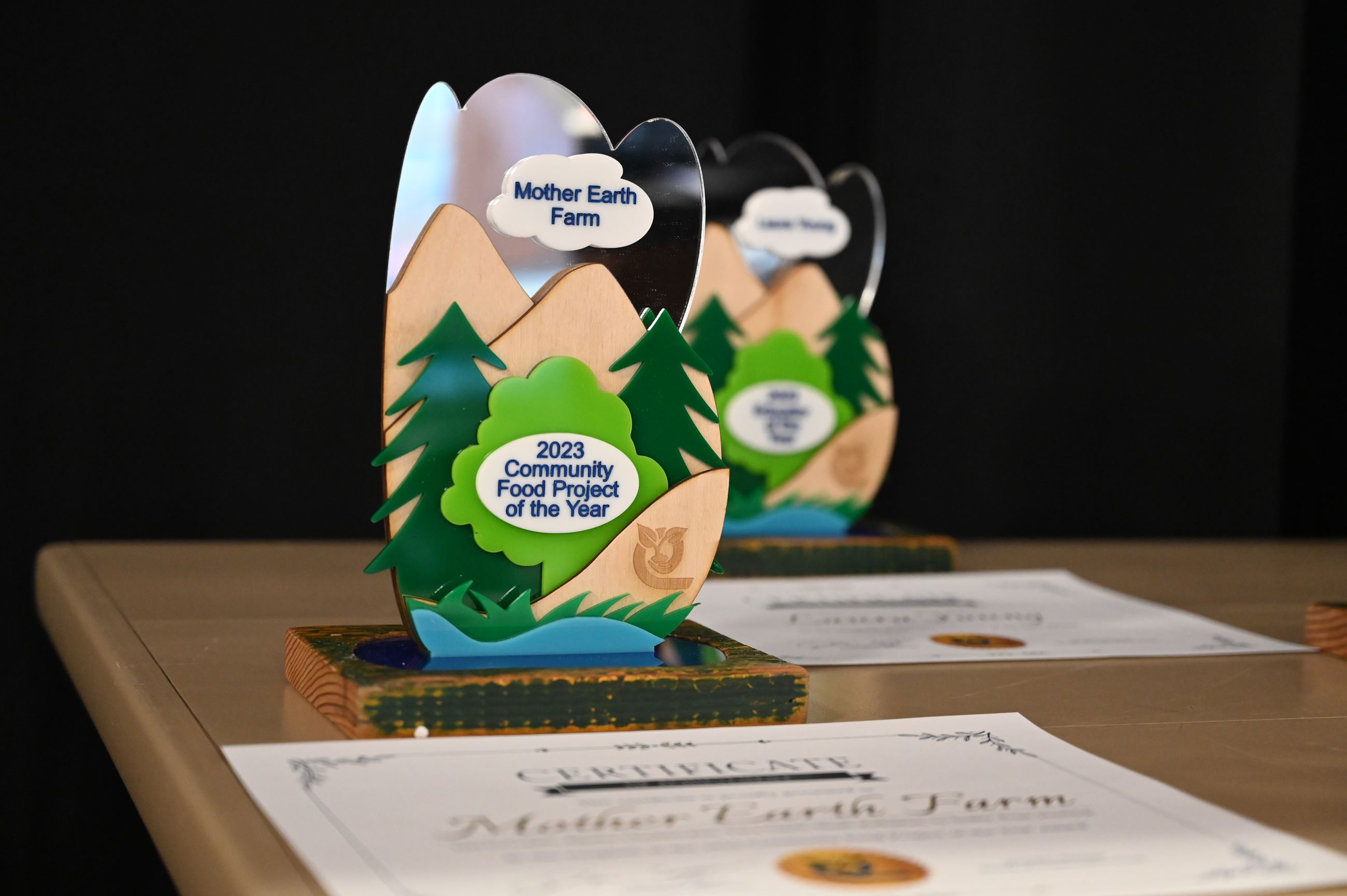 Two awards on a 6ft table.