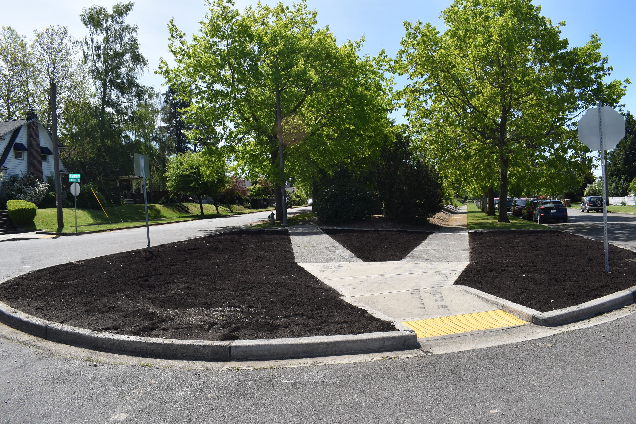 A mulched area that was formerly paved.