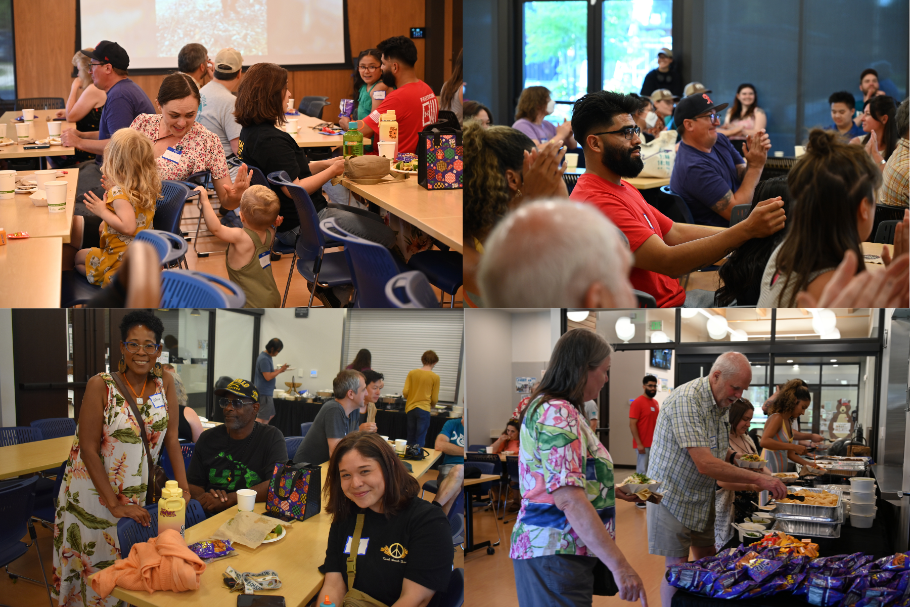 Collage of people enjoying dinner and mingling at Appreciation Party