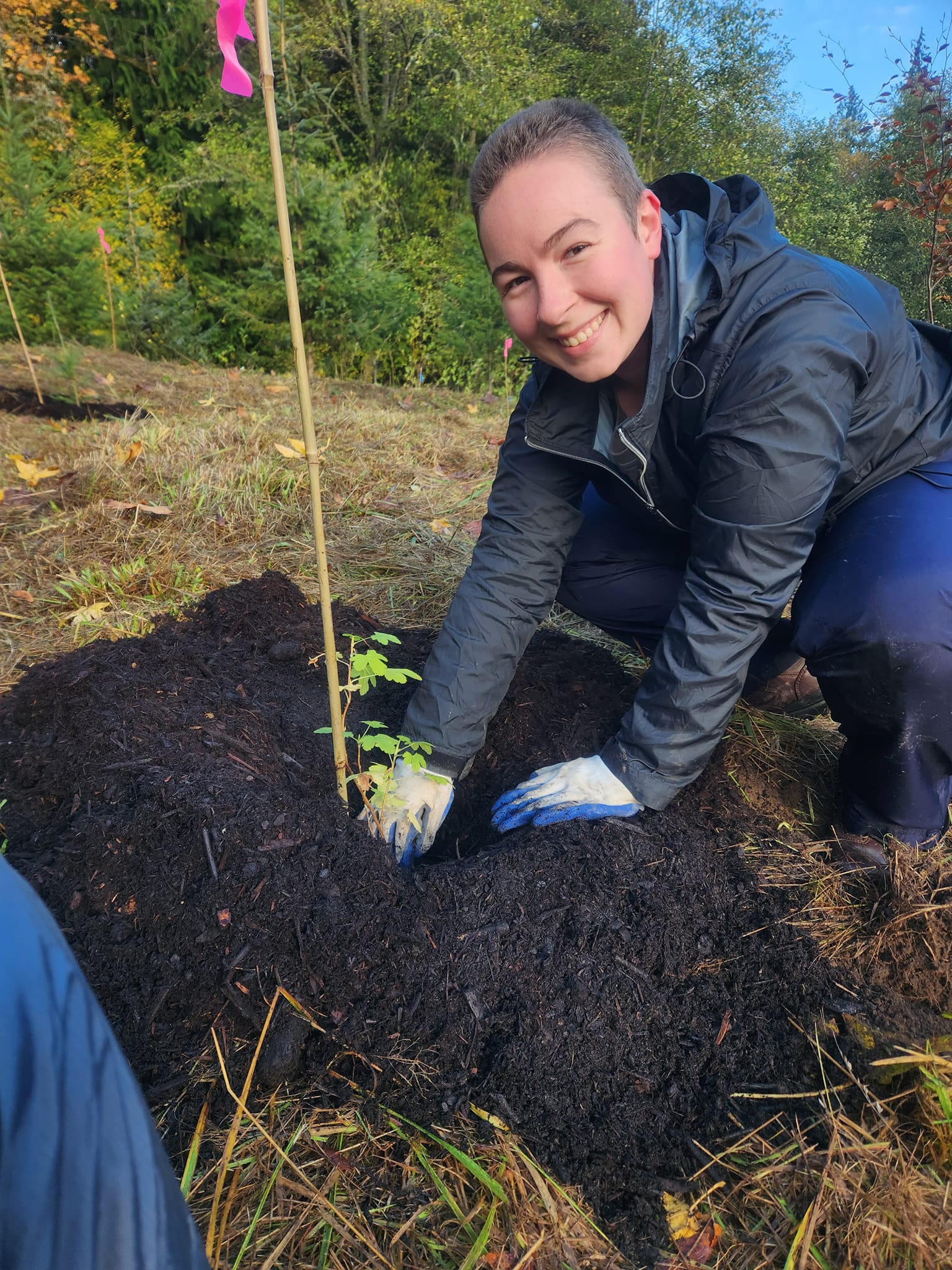 Person crouching down planting a tree smiling