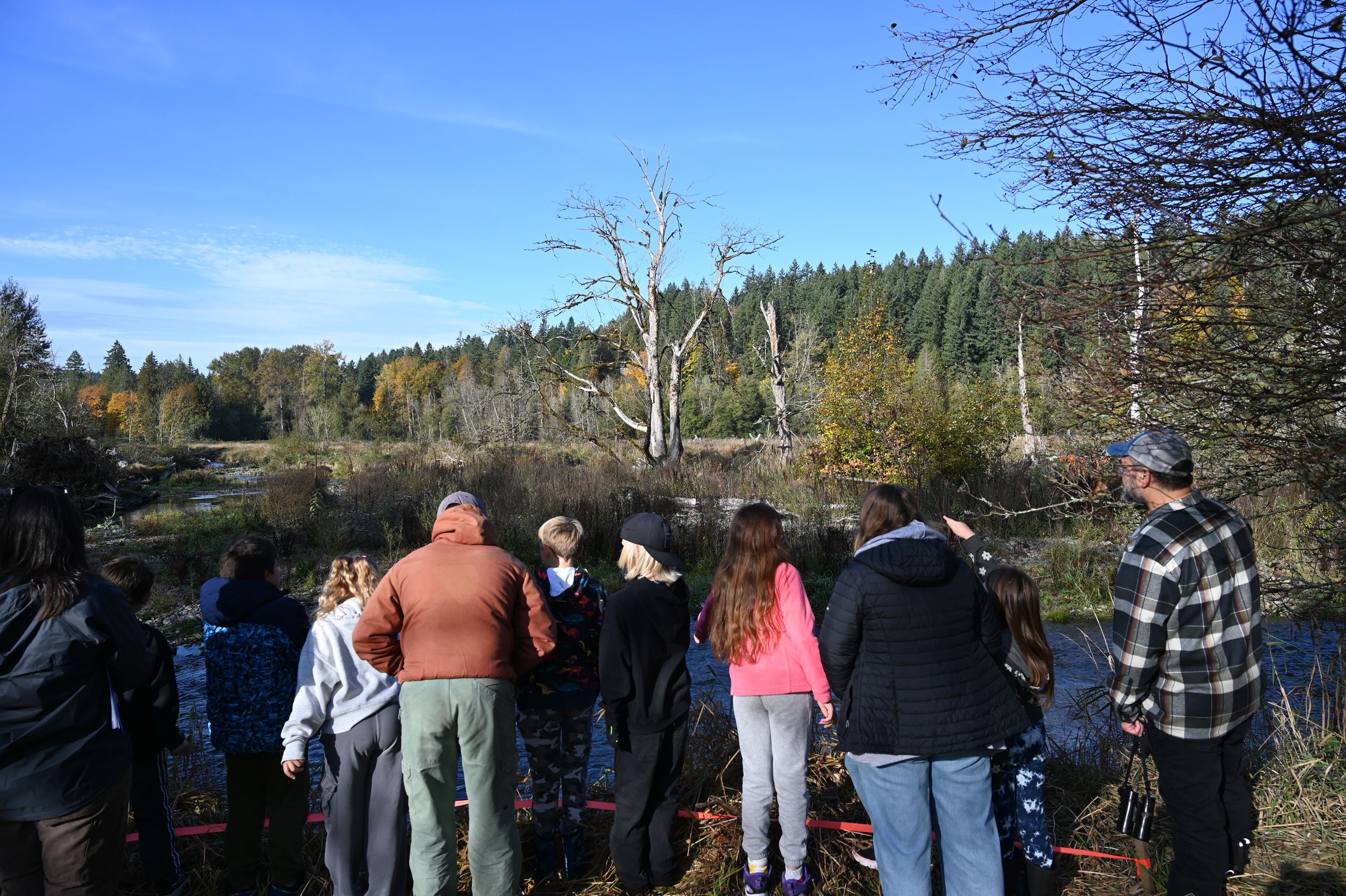 About a dozen students and three adults looking down into South Prairie Creek.
