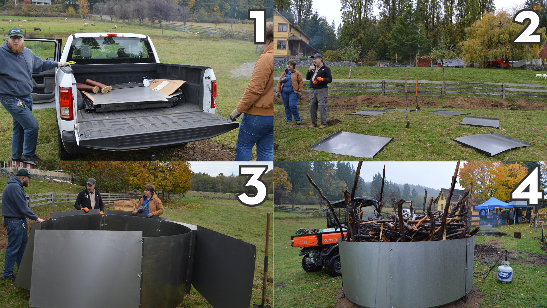 The four stages of assembling a biochar kiln.